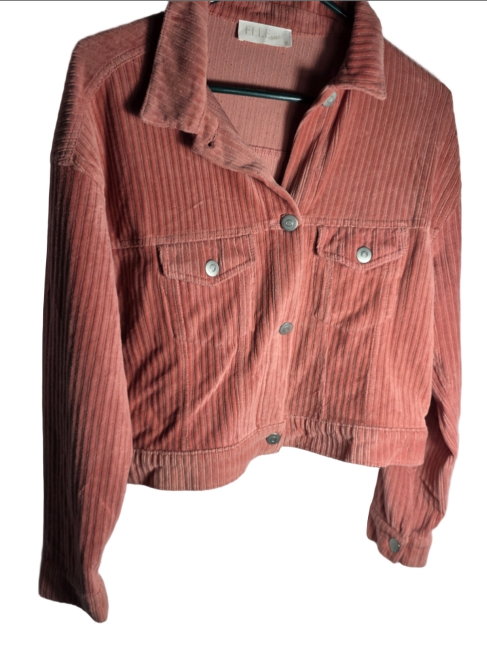 Women's Elle Pink coral Corduroy Button-Up Crop Jacket M cozy fall boho-chic